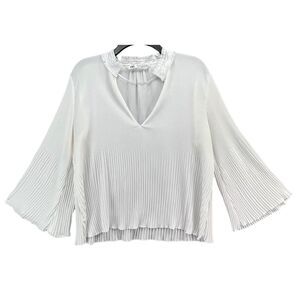 Zara Blouse Womens S White Pleated 3/4 Bell Sleeve Fringe V Neck Semi Sheer Top